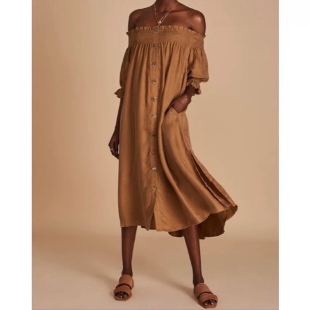 Sancia The Label Off The Shoulder Smocked Dress Brown Size M